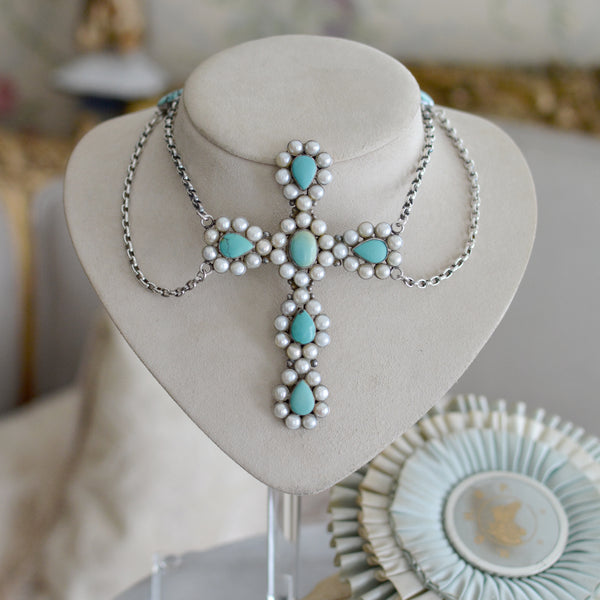 Early 20 th. C. Pearl Encrusted Turquoise Lingerie Cross Necklace