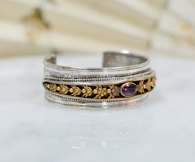 Gilded Art Nouveau Garland of Flowers Cuff with Rosecut Amethyst