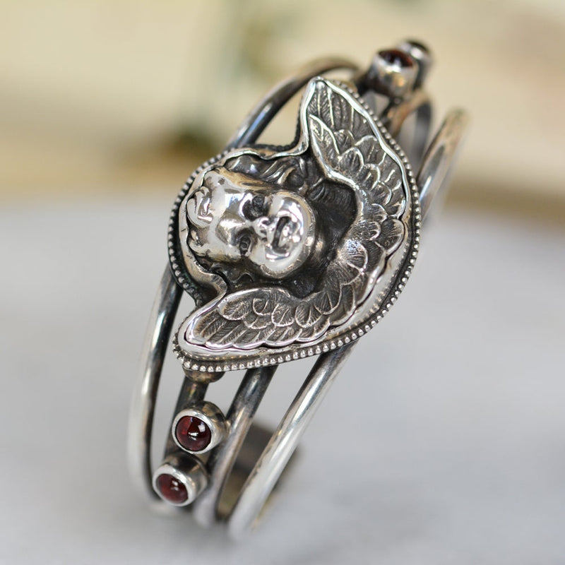 19 TH. C. Baroque Guardian Angel Cuff Bracelet with Rhodolite Garnets