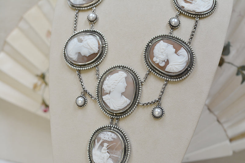 Rare 19 th. C. Venetian Cameo Necklace of the Gods with Freshwater Pearls