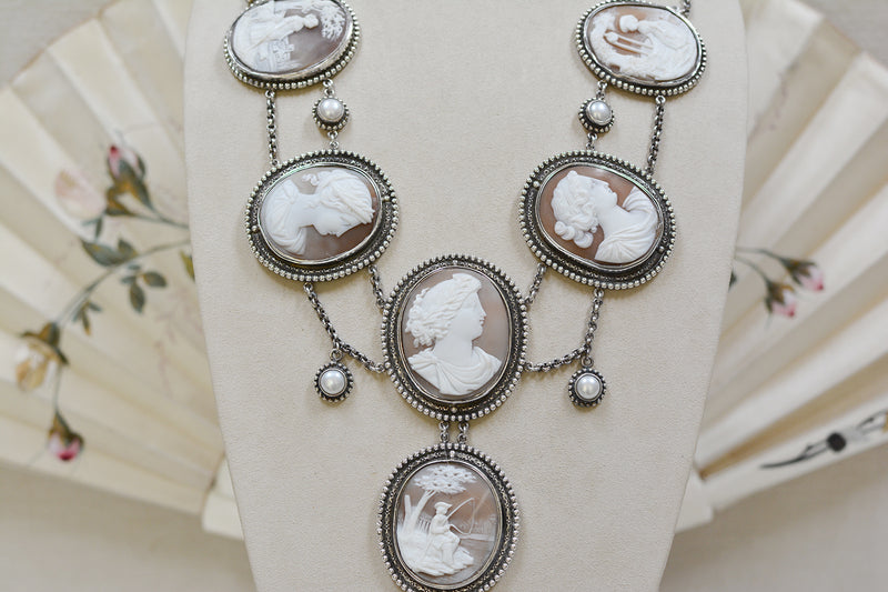 Rare 19 th. C. Venetian Cameo Necklace of the Gods with Freshwater Pearls