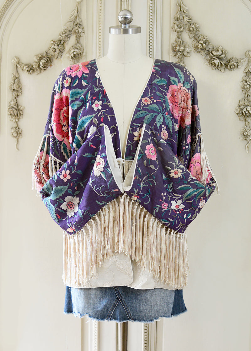 Cate Amethyst Antique Silk Crepe Jacket with Elaborate Fringe