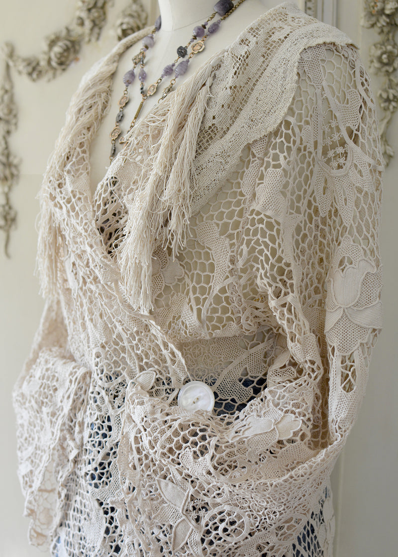 Cloe Antique Venetian Lace Duster with Edwardian Sleeves