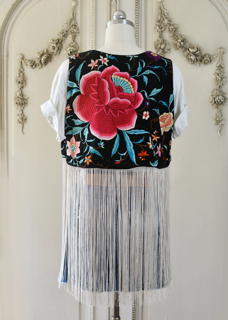 Effie Hand Embroidered Antique Silk Bolero Vest with Opulent Silk Fringes
