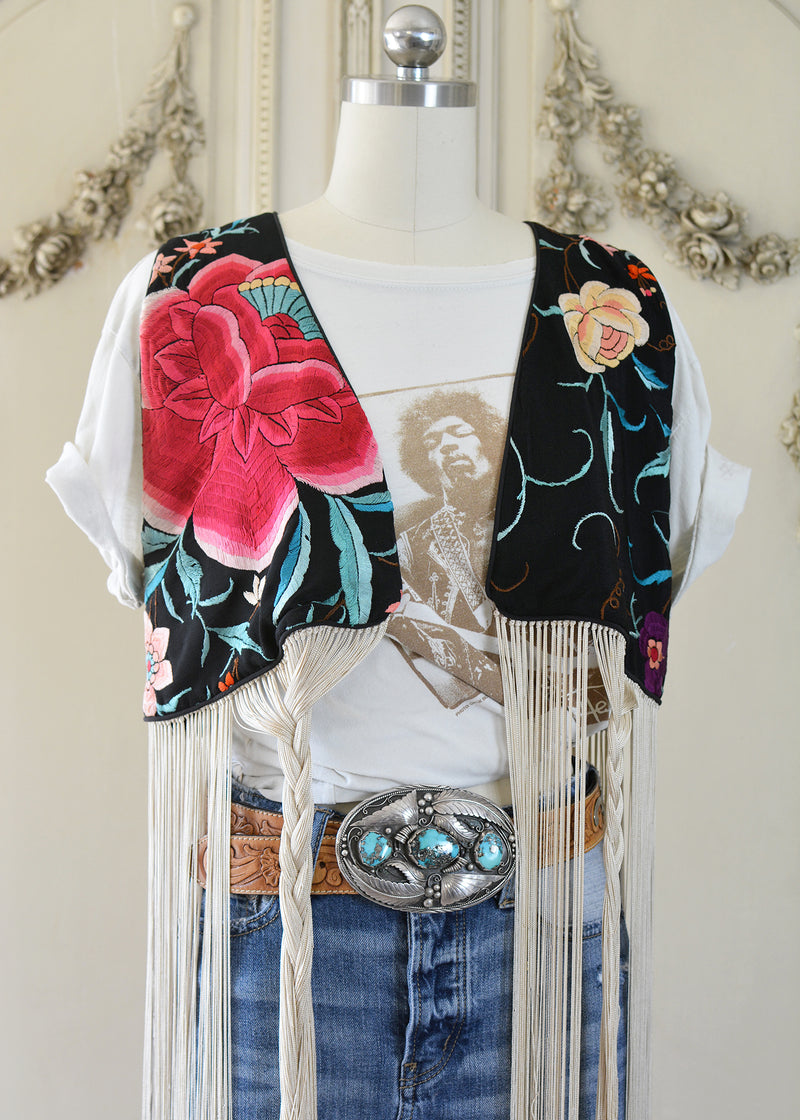 Effie Hand Embroidered Antique Silk Bolero Vest with Opulent Silk Fringes