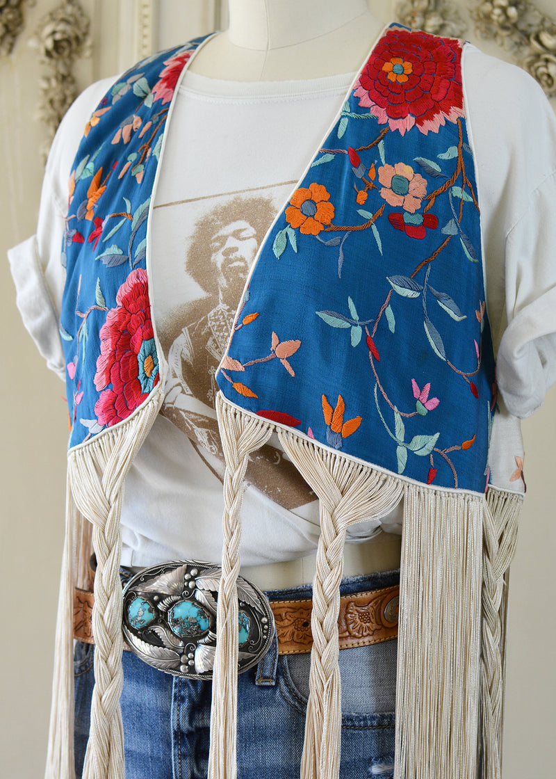 Effie Hand Embroidered Antique Blue Silk Bolero Vest with Opulent Silk Fringes