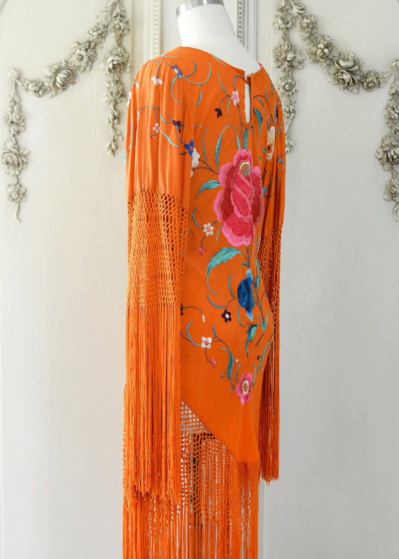 Ellie Antique Hand Embroidered Burnt Orange Silk Crepe Dress with Opulent Silk Fringes - SOLD