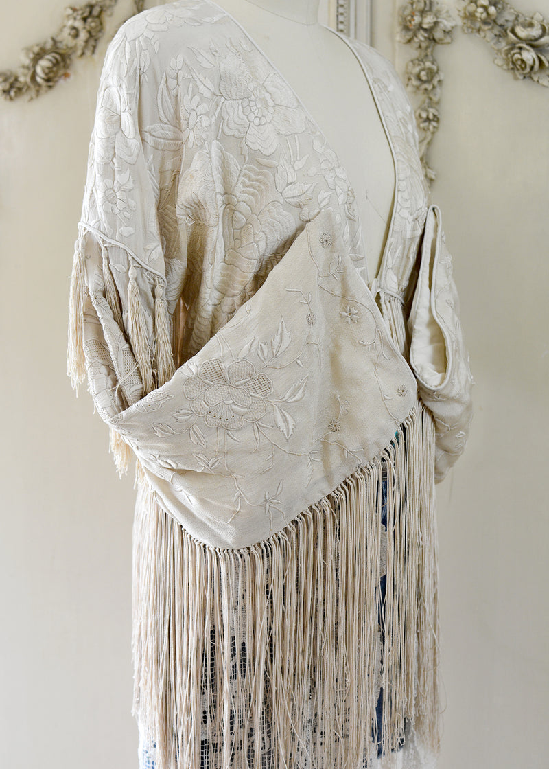 Etta Opulent Antique Hand Embroidered Creme Silk Duster with Irish Lace Skirt