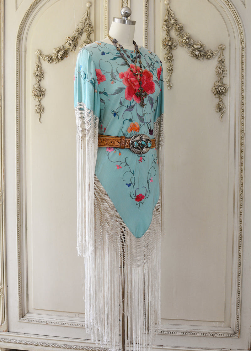 Hope Antique Hand Embroidered Aqua Silk Crepe Festival Dress with Opulent Fringes