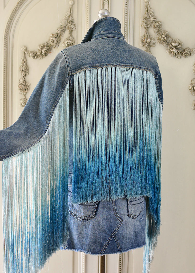 Jade Fitted Vintage Denim Cowgirl Jacket with Elaborate Antique Ombre Silk Fringes