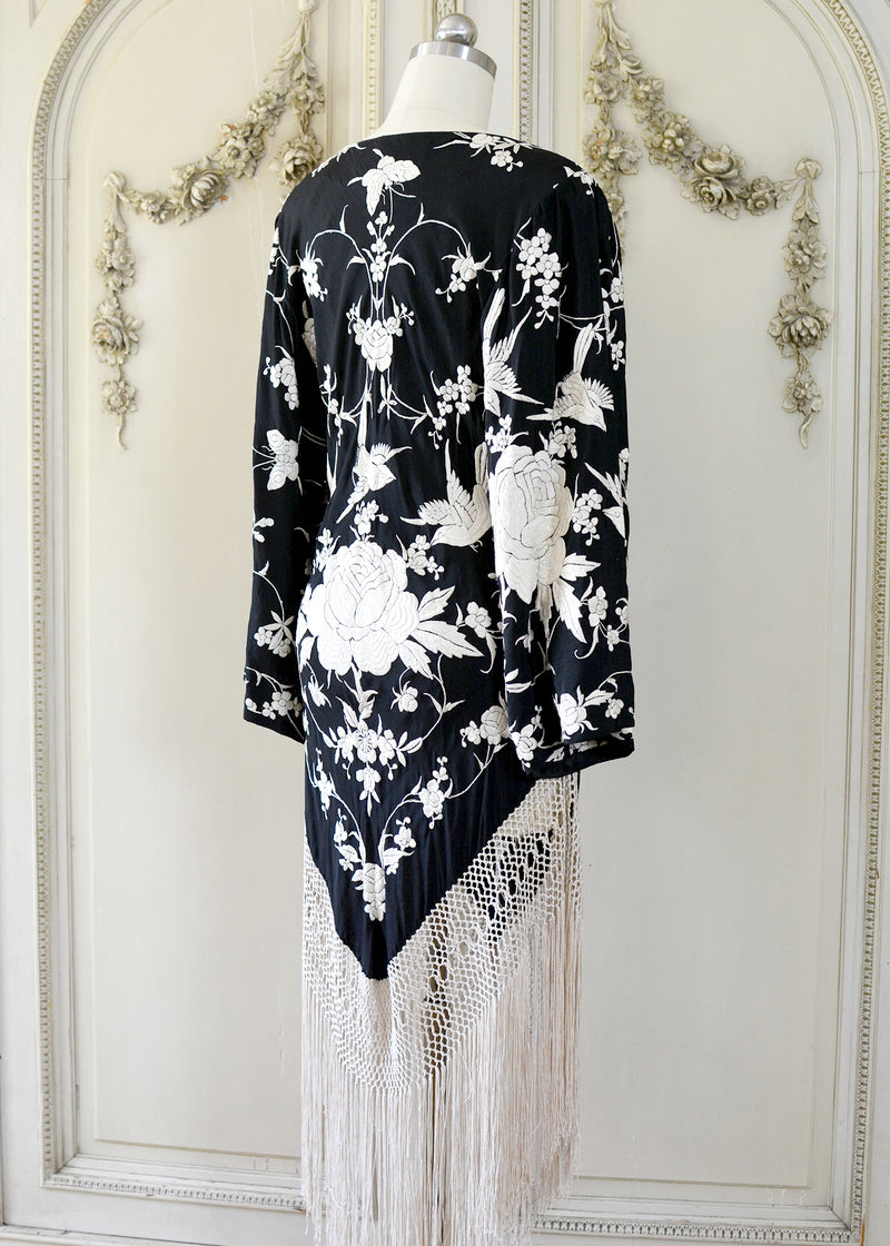 Kara Antique Hand Embroidered Black & Creme Silk Crepe Empire Dress
