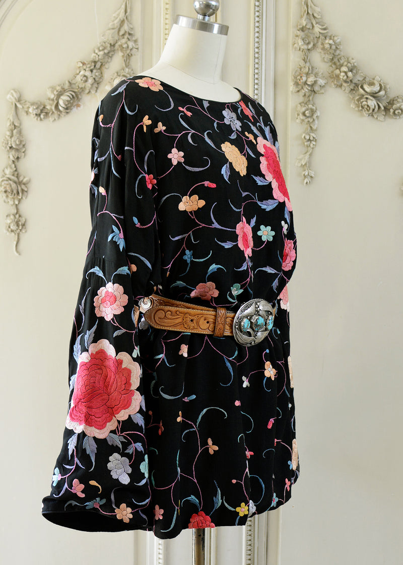 Lillie Antique Hand Embroidered Black, Coral & Rose Crepe Dress - SOLD
