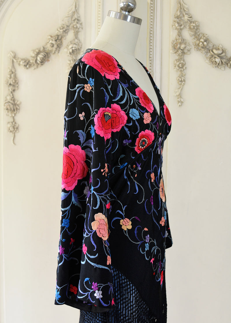 Lizbeth Antique Hand Embroidered Black, Plum & Ruby Empire Dress