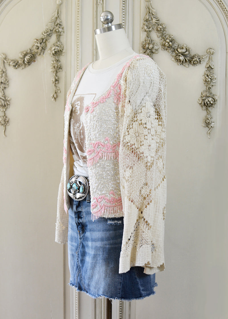 Mia Antique Hand Embroidered Creme & Pink Sequin Jacket with Filet Lace Sleeves