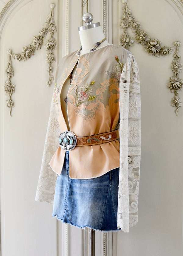 Natalie Antique Hand Embroidered Silk Ribbon Work Jacket with Filet Lace Sleeves