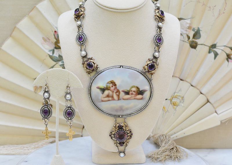 19 th. C. Gilded Raphael's Angels Hand Painted Portrait Necklace with Amethyst & Pearls
