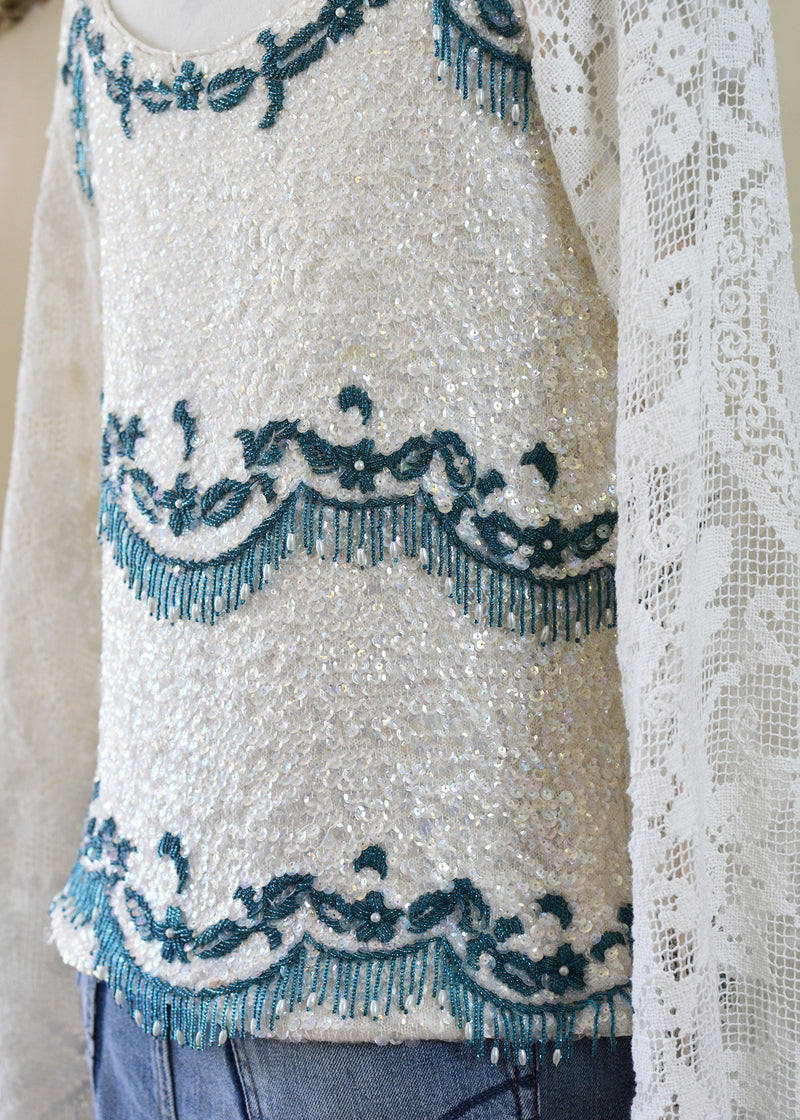 Ruby Antique Creme Hand Embroidered Teal Beaded Sequin Jacket - Filet Lace Sleeves