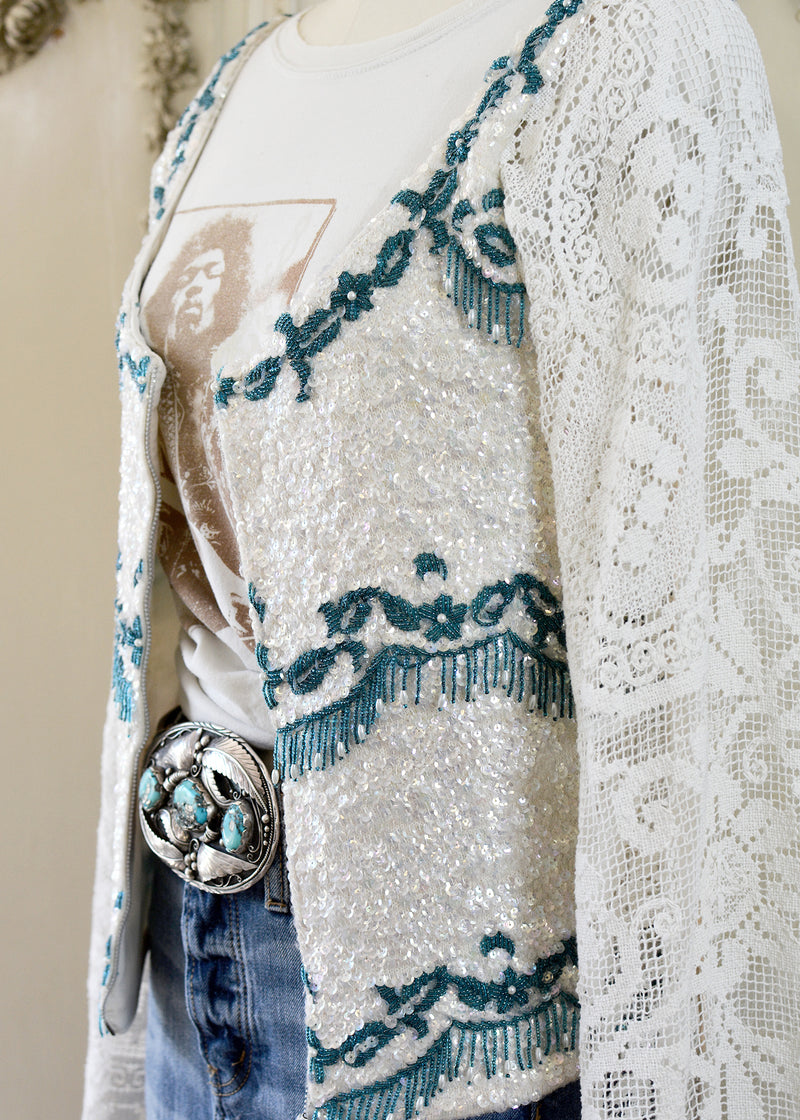 Ruby Antique Creme Hand Embroidered Teal Beaded Sequin Jacket - Filet Lace Sleeves