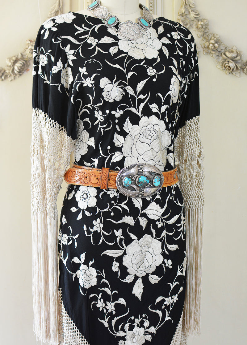 Sabine Antique Hand Embroidered Black & Creme Silk Crepe Brunch Dress