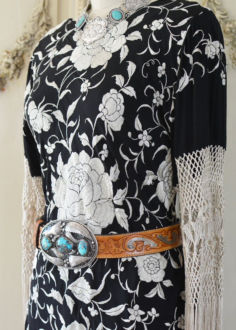 Sabine Antique Hand Embroidered Black & Creme Silk Crepe Brunch Dress
