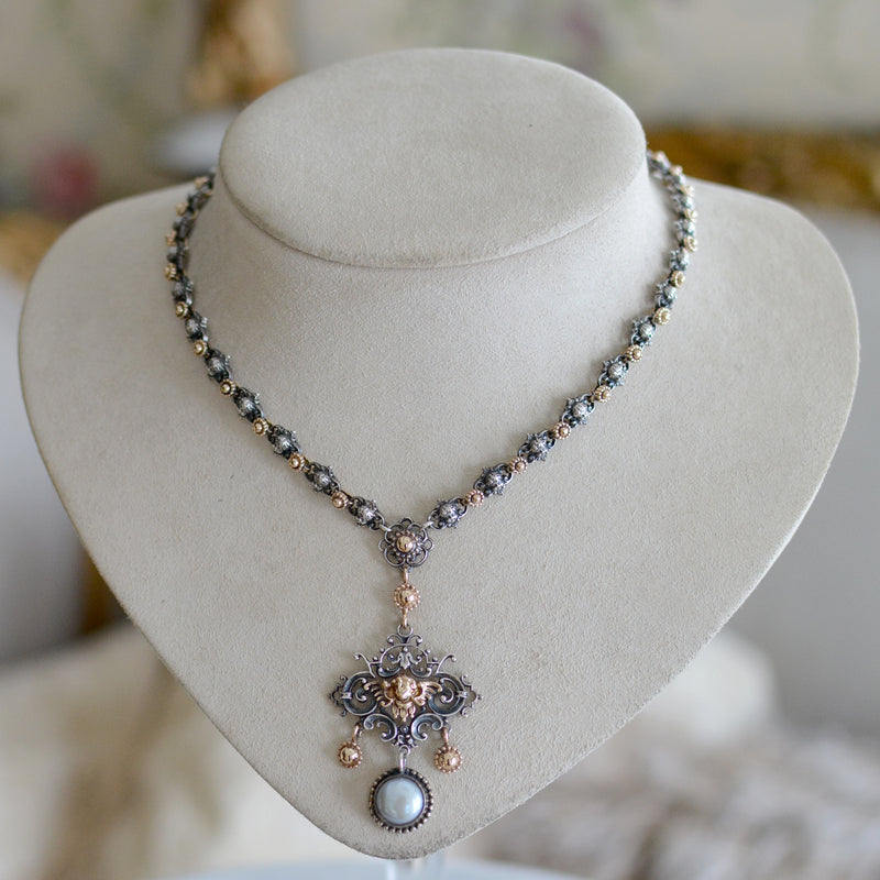 Divine Celestial Angels Drop Necklace in 14 kt. Gold and Silver with Freshwater Pearls