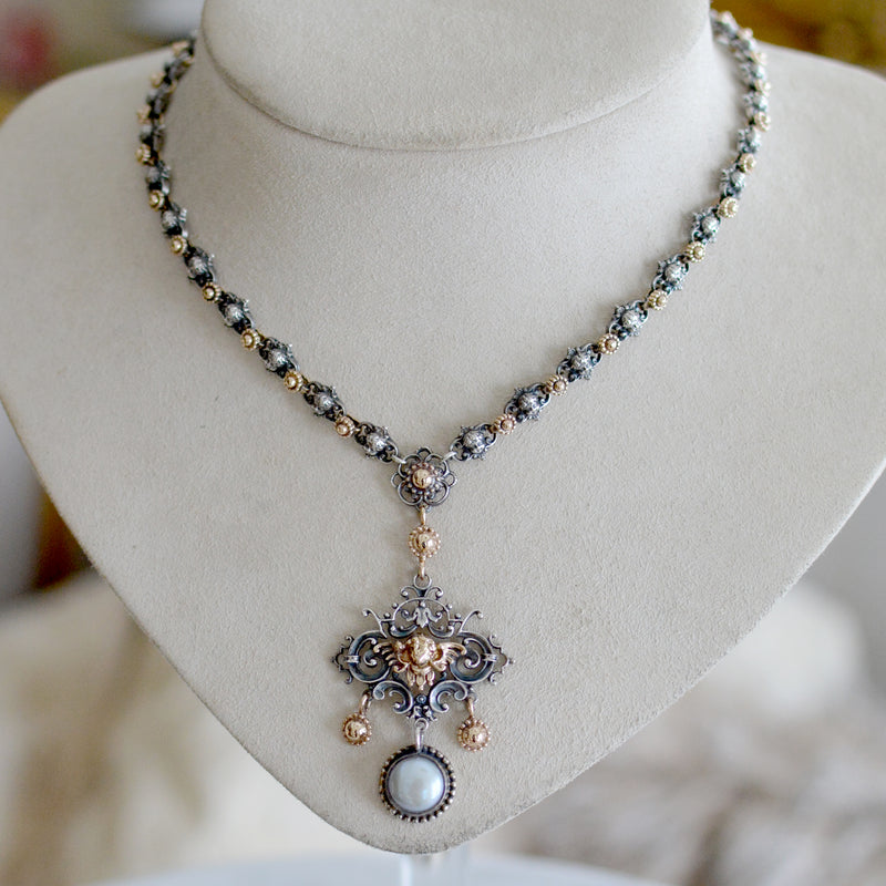 Divine Celestial Angels Drop Necklace in 14 kt. Gold and Silver with Freshwater Pearls