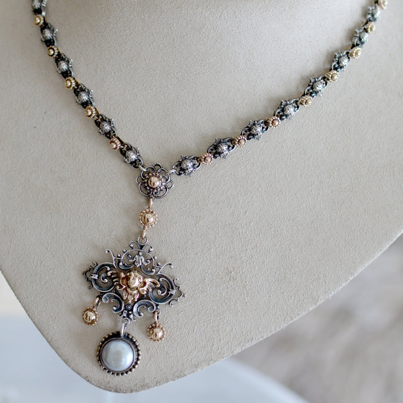 Divine Celestial Angels Drop Necklace in 14 kt. Gold and Silver with Freshwater Pearls