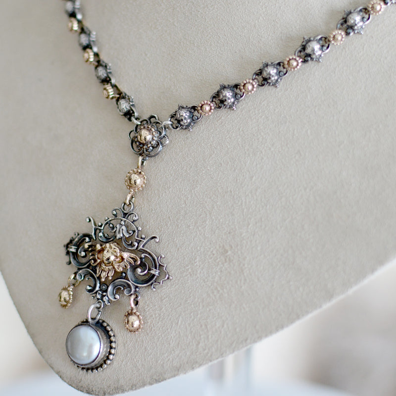 Divine Celestial Angels Drop Necklace in 14 kt. Gold and Silver with Freshwater Pearls