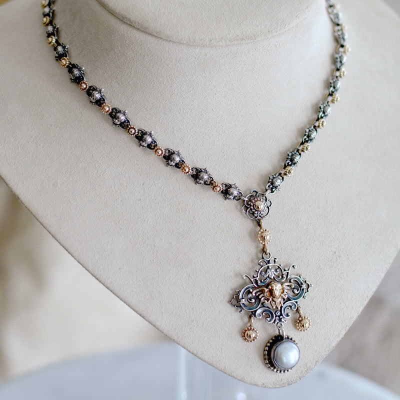 Divine Celestial Angels Drop Necklace in 14 kt. Gold and Silver with Freshwater Pearls