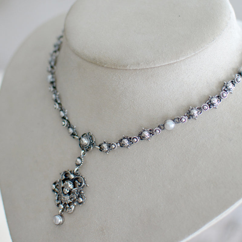 Celestial Angel Drop Necklace in Sterling Silver with Freshwater Pearls