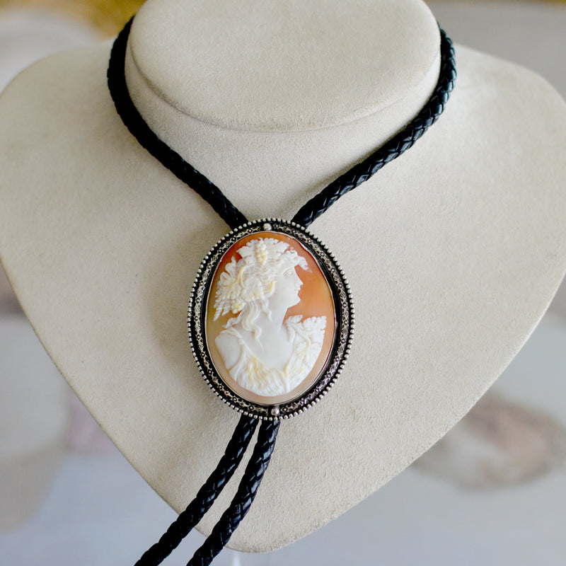 19 th. C. Hand Carved Natural Shell Venetian Cameo Bolo Depicting Goddess of the Harvest