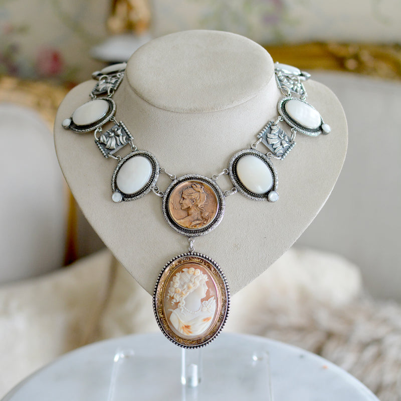 19 th. C. Romanesque Lingerie Necklace with Goddess Cameo and Mother-of-Pearl