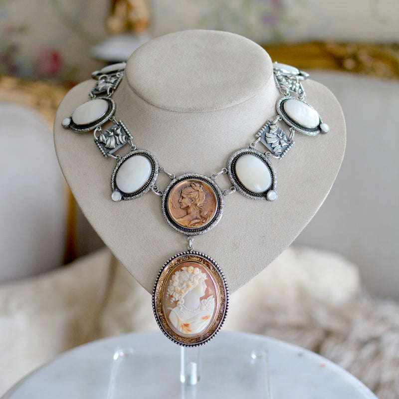 19 th. C. Romanesque Lingerie Necklace with Goddess Cameo and Mother-of-Pearl