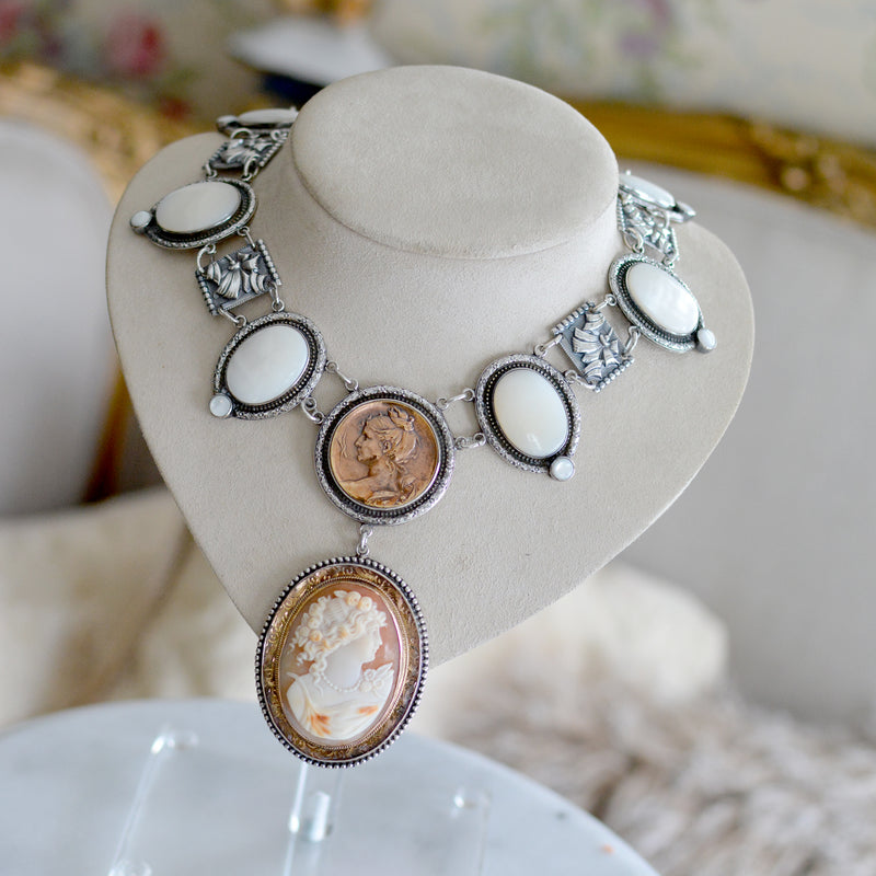 19 th. C. Romanesque Lingerie Necklace with Goddess Cameo and Mother-of-Pearl