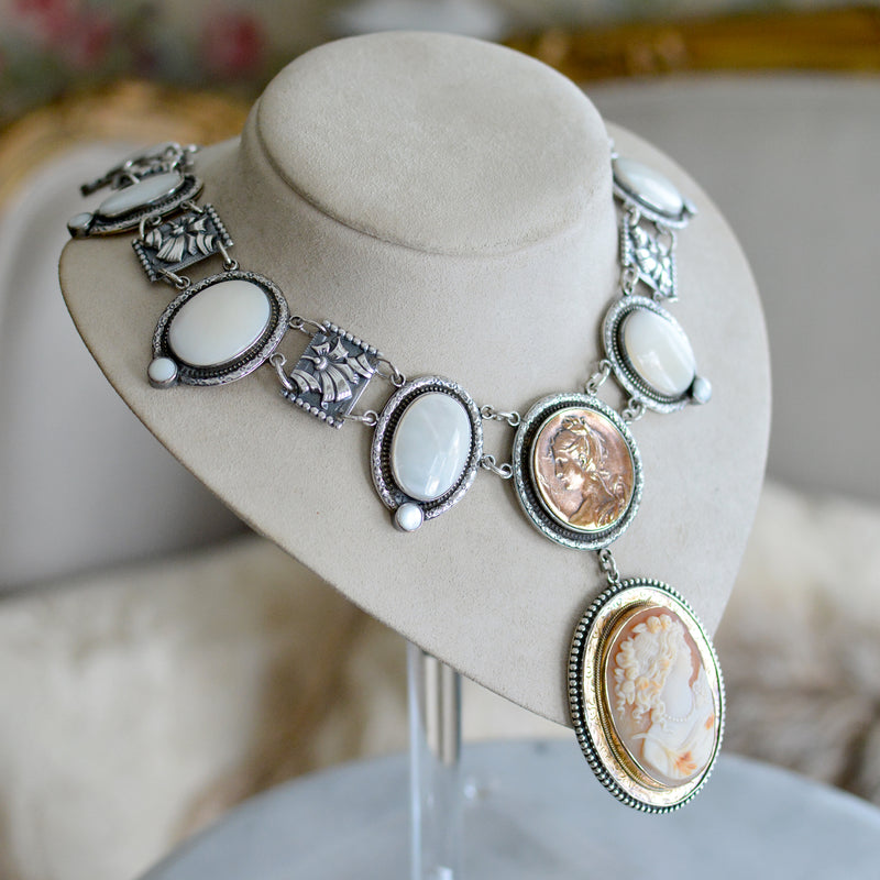 19 th. C. Romanesque Lingerie Necklace with Goddess Cameo and Mother-of-Pearl