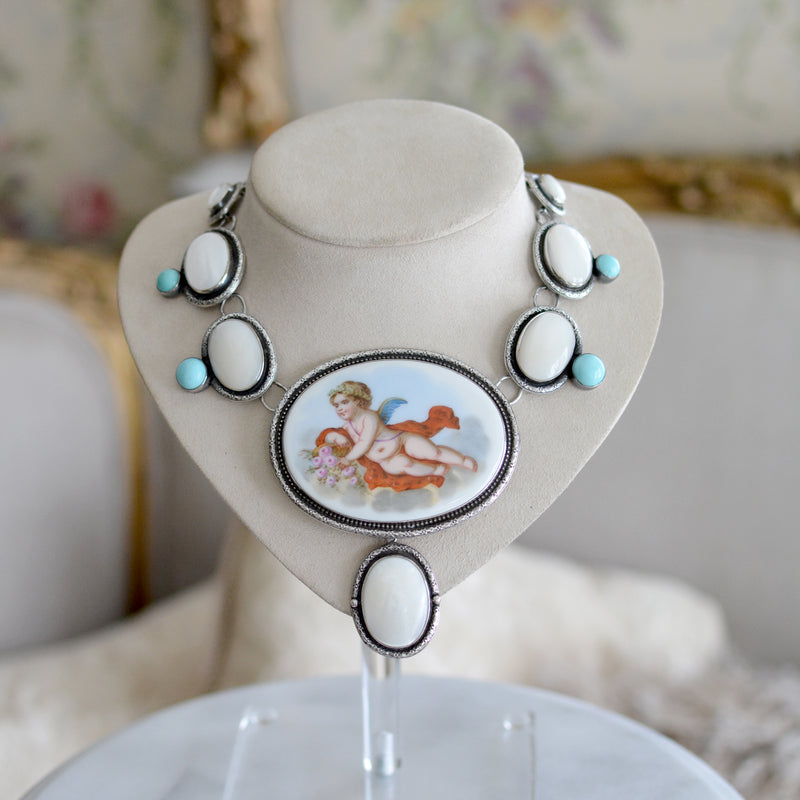 19 th. C. Venetian Cherub Portrait Necklace with Mother-of-Pearl & Turquoise