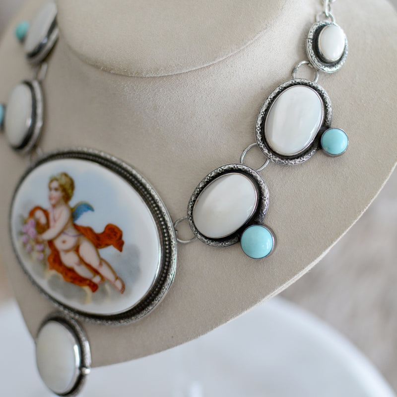 19 th. C. Venetian Cherub Portrait Necklace with Mother-of-Pearl & Turquoise