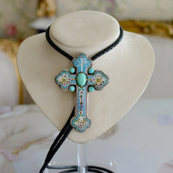 Rare 19 th. C. Micro Mosaic Bishops Cross with Kingman Turquoise Wisdom Bolo