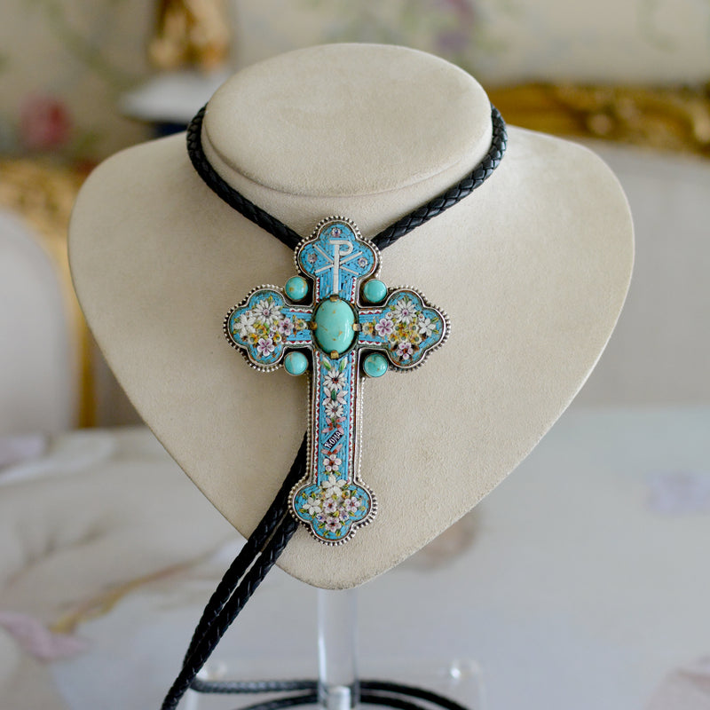 Rare 19 th. C. Micro Mosaic Bishops Cross with Kingman Turquoise Wisdom Bolo