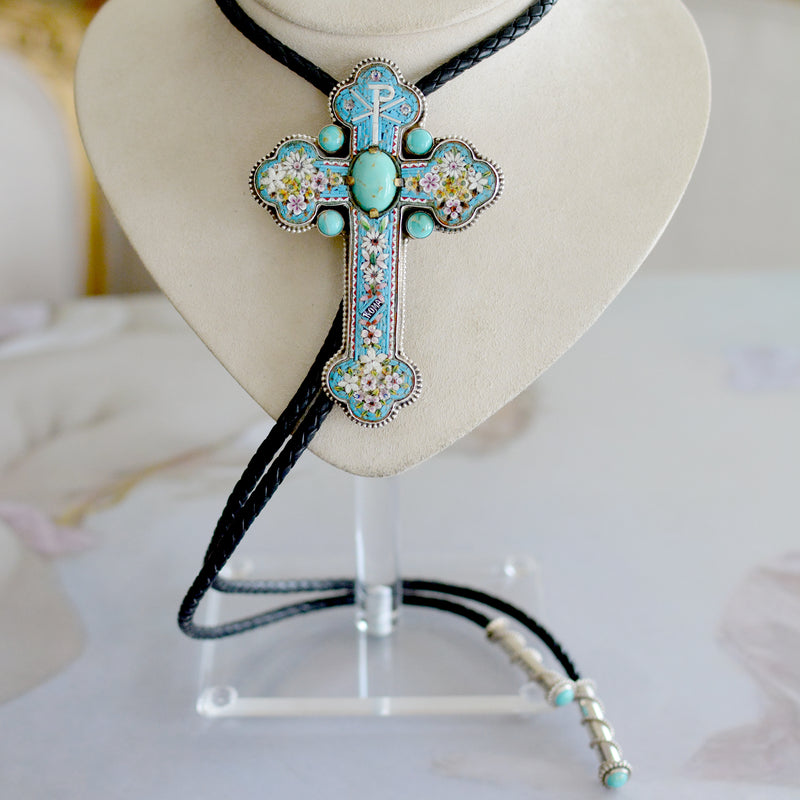 Rare 19 th. C. Micro Mosaic Bishops Cross with Kingman Turquoise Wisdom Bolo