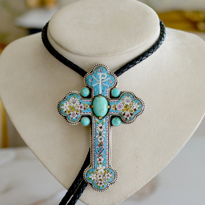 Rare 19 th. C. Micro Mosaic Bishops Cross with Kingman Turquoise Wisdom Bolo