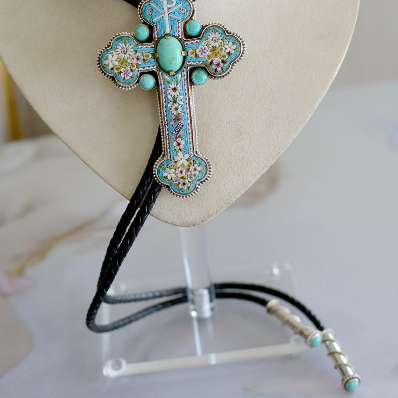 Rare 19 th. C. Micro Mosaic Bishops Cross with Kingman Turquoise Wisdom Bolo