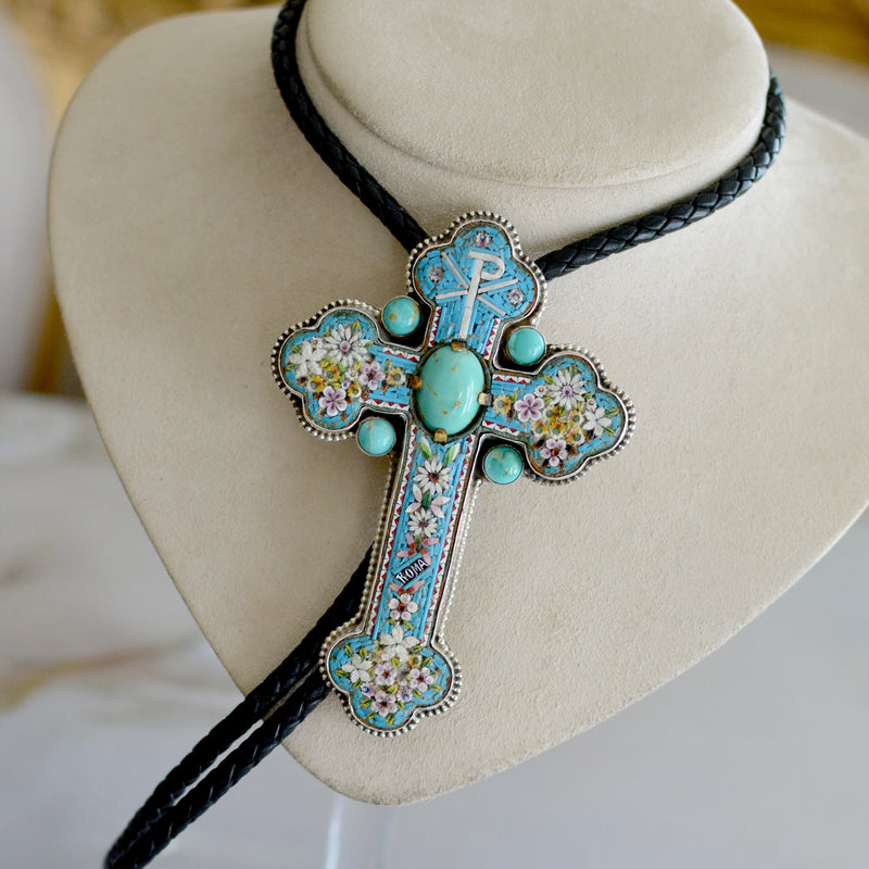 Rare 19 th. C. Micro Mosaic Bishops Cross with Kingman Turquoise Wisdom Bolo