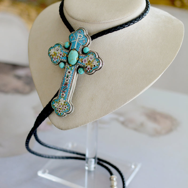 Rare 19 th. C. Micro Mosaic Bishops Cross with Kingman Turquoise Wisdom Bolo