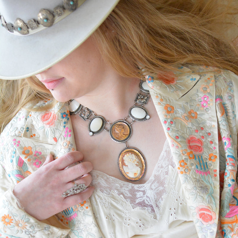 19 th. C. Romanesque Lingerie Necklace with Goddess Cameo and Mother-of-Pearl