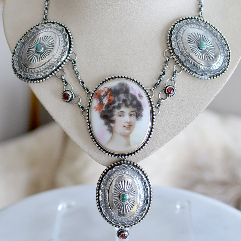 19 th. C. Art Nouveau Goddess Festoon Necklace with Garnets and Turquoise