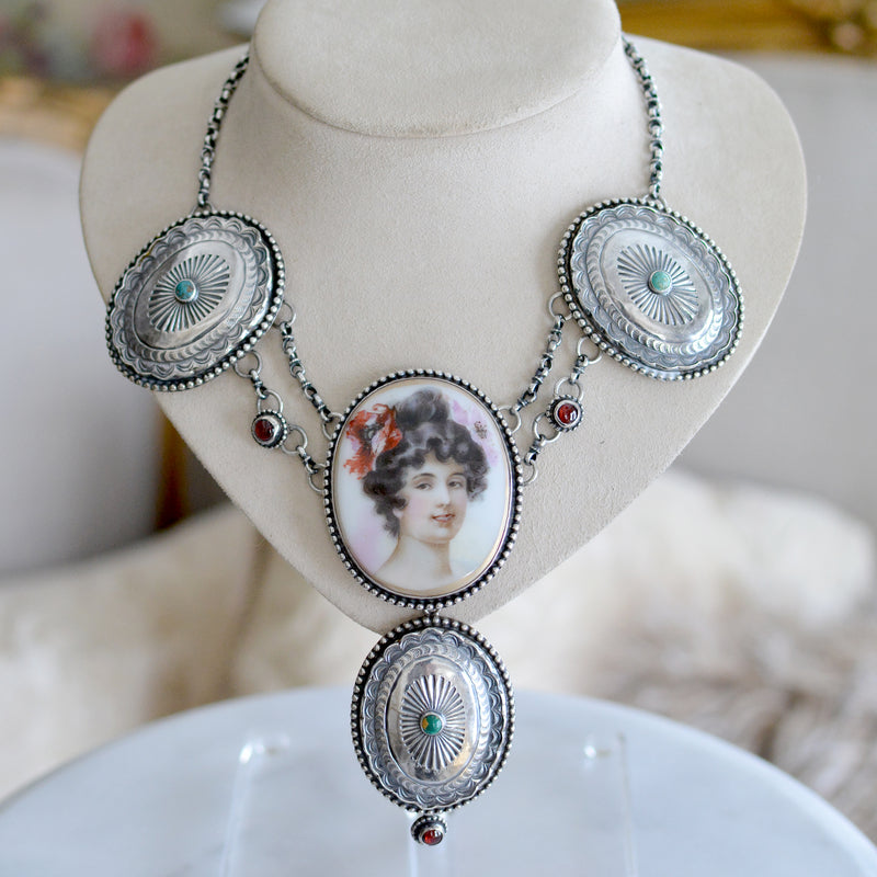 19 th. C. Art Nouveau Goddess Festoon Necklace with Garnets and Turquoise