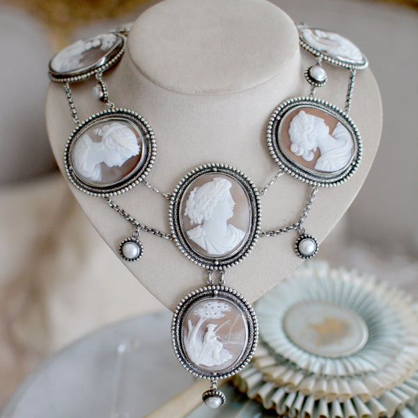 Rare 19 th. C. Venetian Cameo Necklace of the Gods with Freshwater Pearls