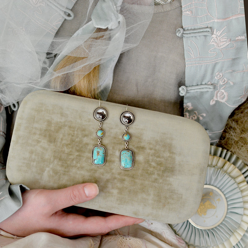 Late 19 th. C. English Intaglio HorseHead Drop Earrings with Kingman Turquoise