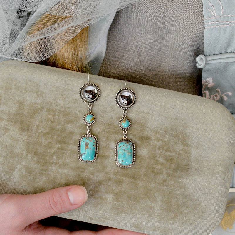 Late 19 th. C. English Intaglio HorseHead Drop Earrings with Kingman Turquoise